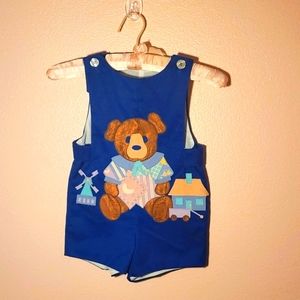Chocolate Soup cotton overalls with bear applique. Lined, 4T size. Like new.